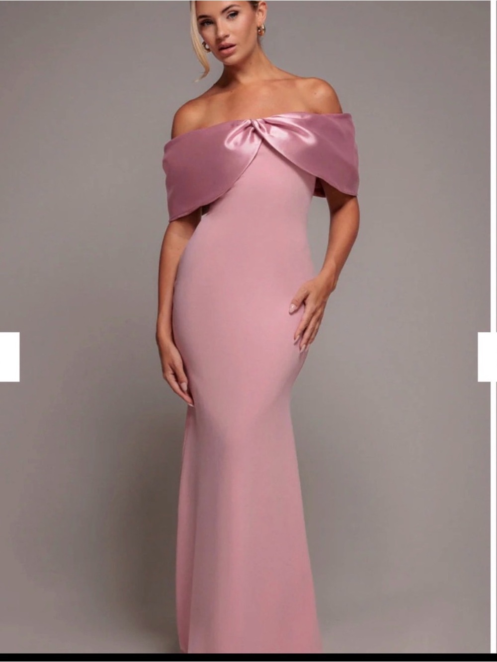 Off-Shoulder Satin bow Trim Mermaid Gown in Dusty Rose